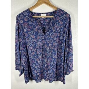 J Jill Shirt Womens Medium Blue Paisley Floral Boho Peasant Blouse Top Print